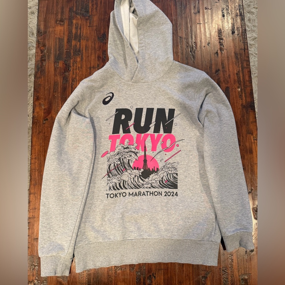 Asics Grey Hoodie with Black and Hot Pink RUN TOKYO Graphic